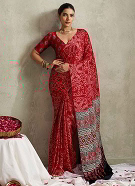 Red Satin Silk Bandhini Print Saree