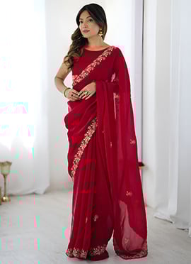 Red Satin Silk Embroidered Sequins Saree