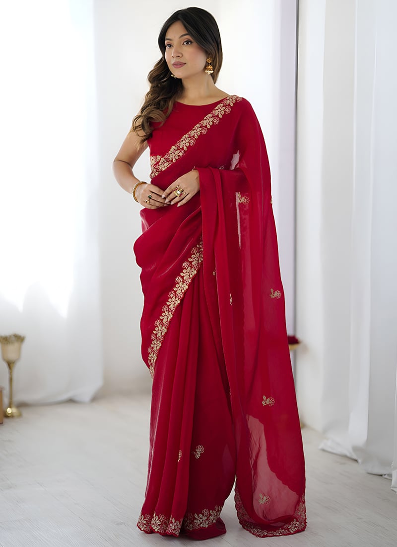 Red Satin Silk Embroidered Sequins Saree Festive Wear
