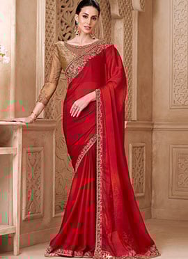 Red Satin Silk Embroidered Sequins Saree