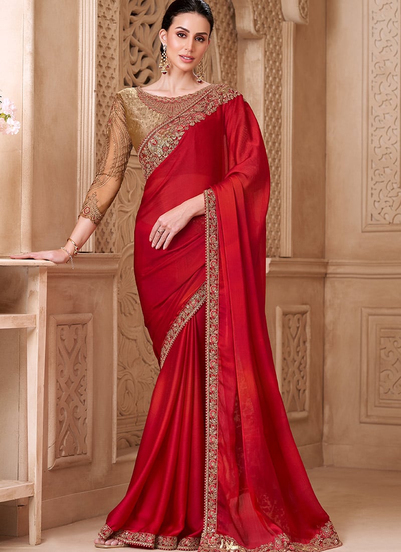 Red Satin Silk Embroidered Sequins Saree Wedding Wear