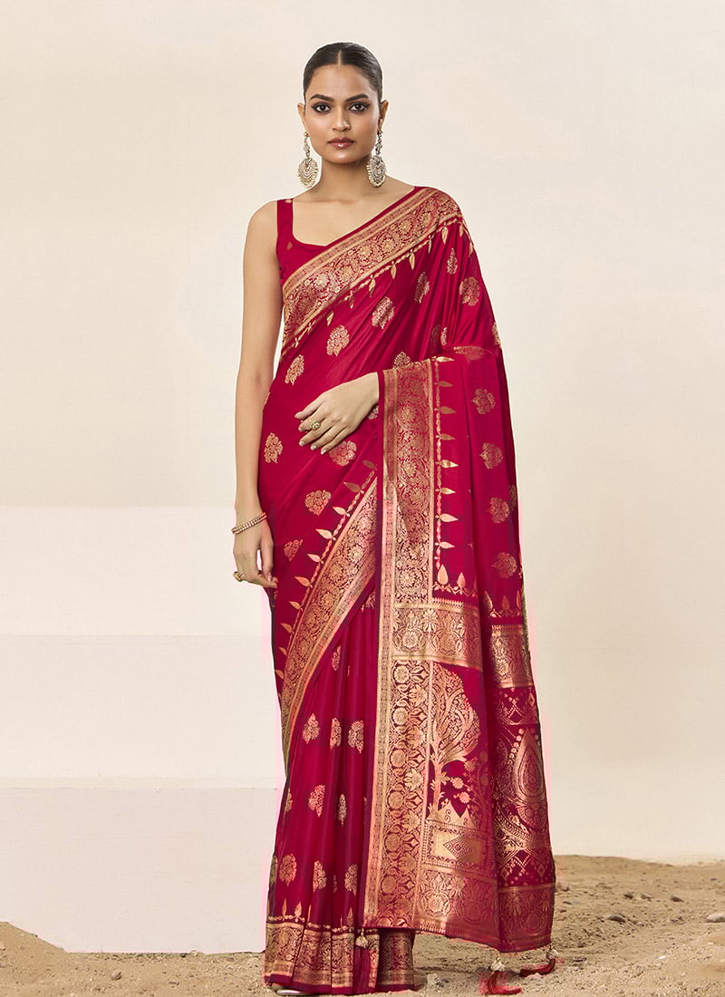 Red Satin Silk Jacquard Woven Saree Festive Wear