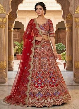 Red Satin Silk Sequins And Embroidered Lehenga