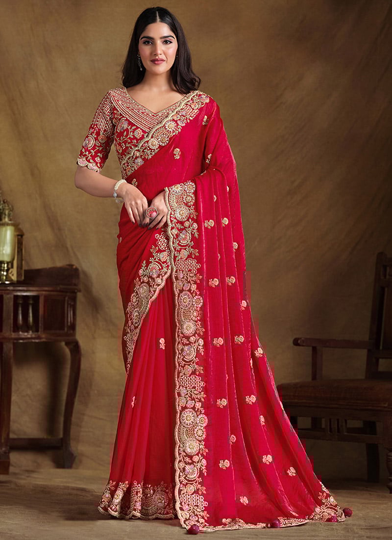 Red Satin Silk Sequins Embroidery Saree Wedding Wear-SASACZ1968