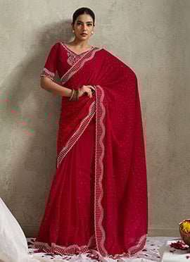 Red Satin Silk Stone Saree