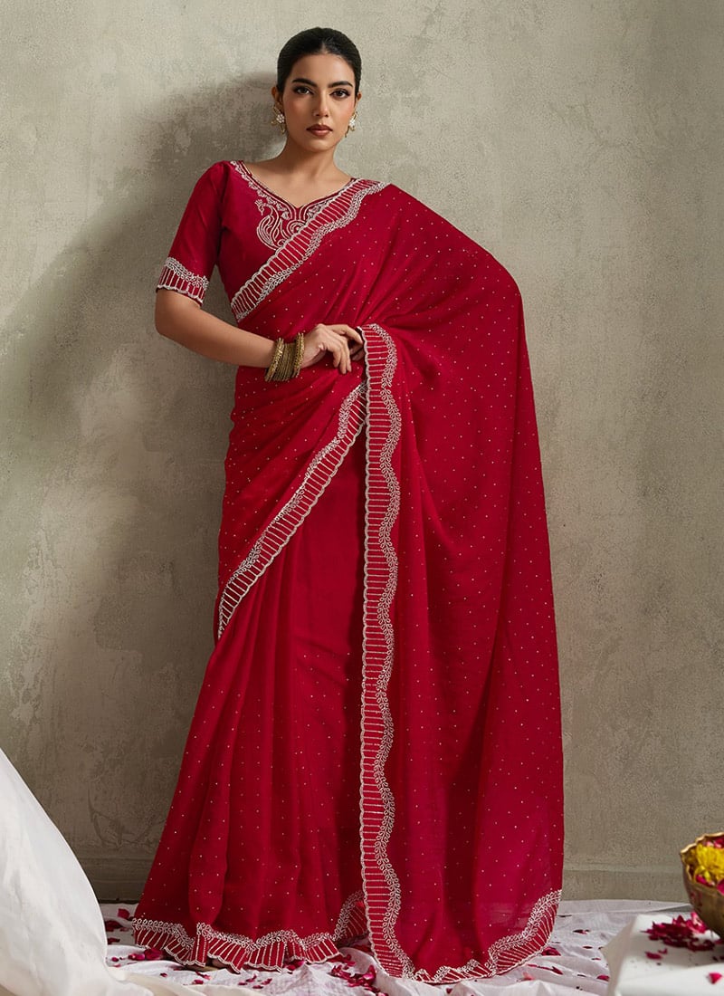 Red Satin Silk Stone Saree Festive Wear