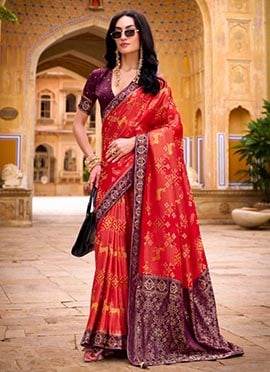 Red Satin Tissue Silk Patola Banarasi Print Saree