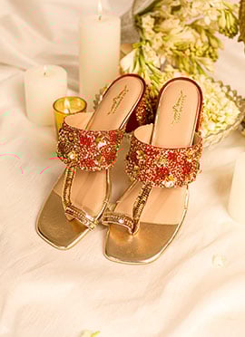 Red Sequins Beads Work Kolapuris