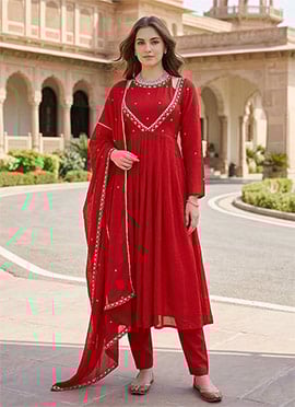 Red Sequins Chinon Silk Anarkali Suit