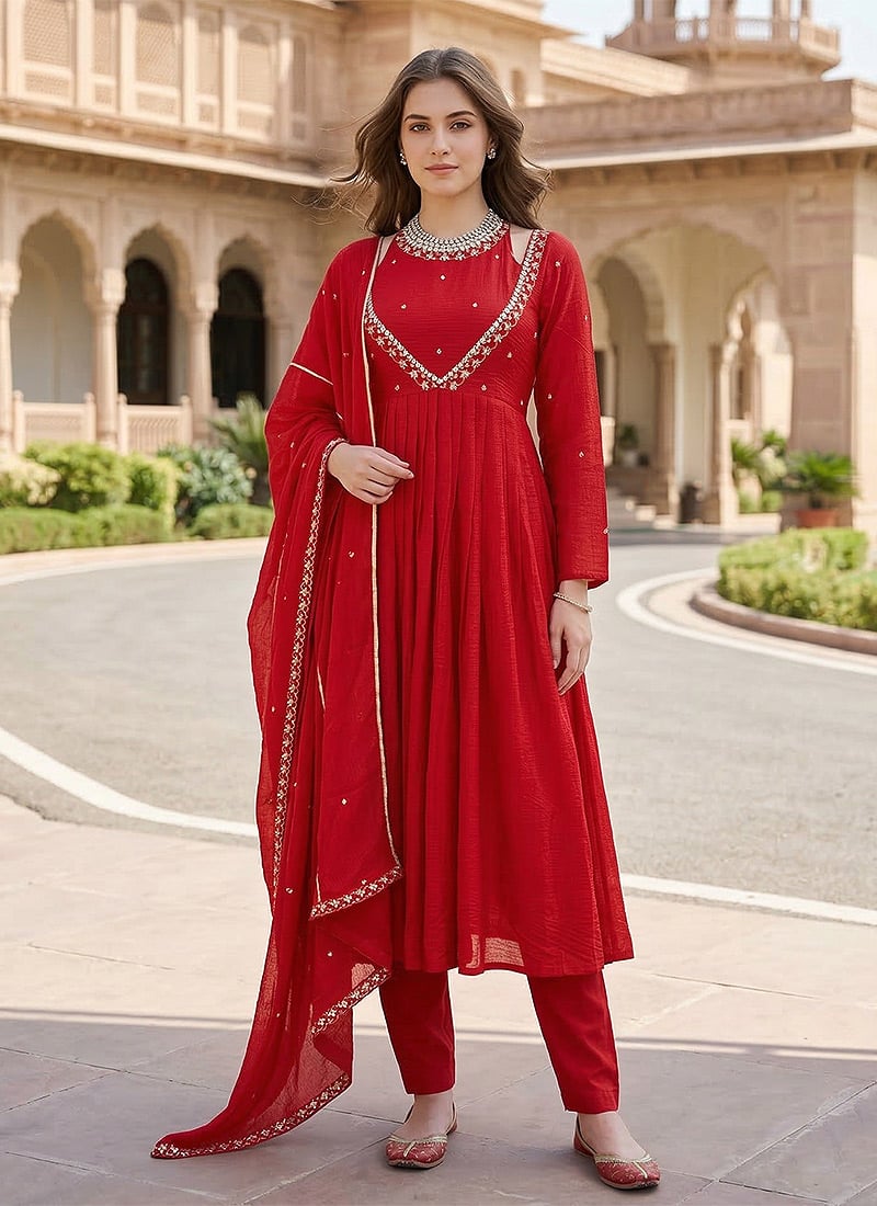 Red Sequins Chinon Silk Anarkali Suit Festive Wear
