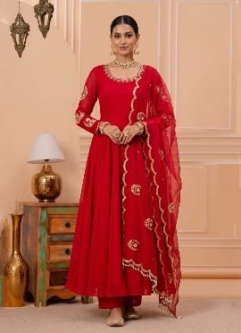 Red Sequins Embroidered Georgette Anarkali Suit