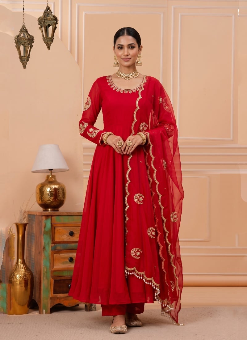 Red Sequins Embroidered Georgette Anarkali Suit After Six Wear