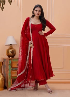 Red Sequins Embroidered Georgette Anarkali Suit