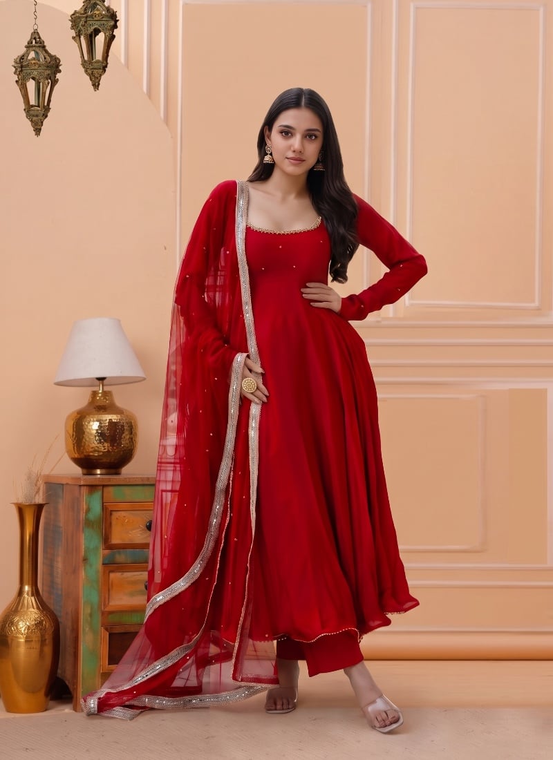 Red Sequins Embroidered Georgette Anarkali Suit After Six Wear