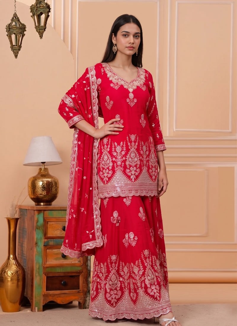 Red Sequins Embroidered Georgette Palazzo Suit After Six Wear