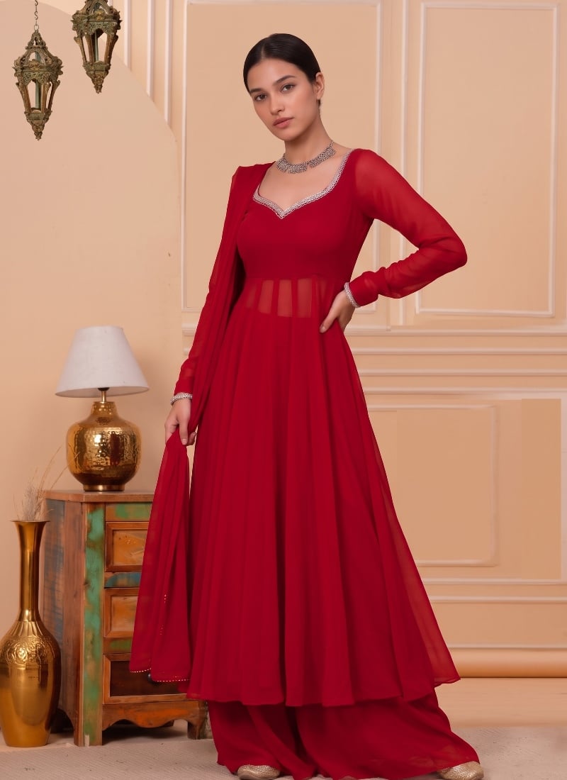 Red Sequins Embroidered Georgette Palazzo Suit After Six Wear