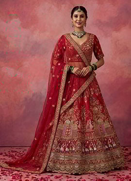 Red Sequins Zari Embroidered Sequins Silk Lehenga With Double Dupatta