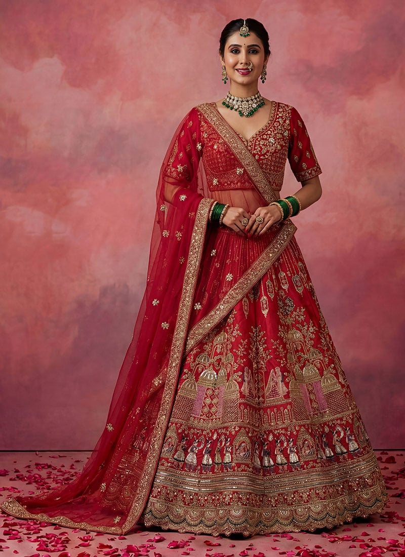 Red Sequins Zari Embroidered Sequins Silk Lehenga With Double Dupatta Wedding Wear