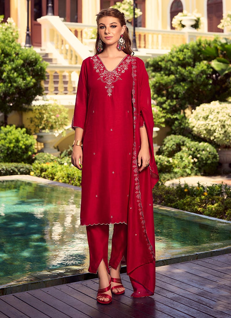 Red Shimmer Silk Embroidered Sequins Beads Straight Pant Suit Festive Wear