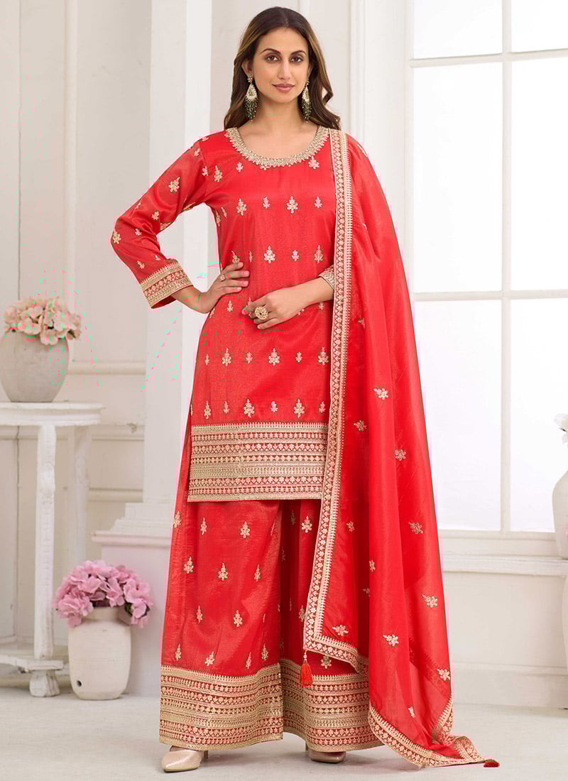 Red Shimmer Silk Embroidered Sequins Zari Palazzo Suit Festive Wear