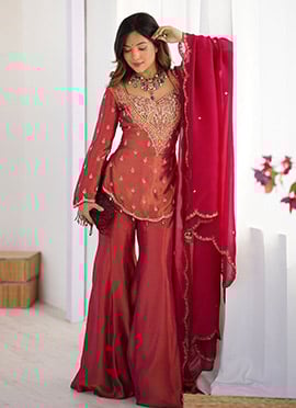 Red Shimmer Silk Sequins Embroidered Palazzo Suit