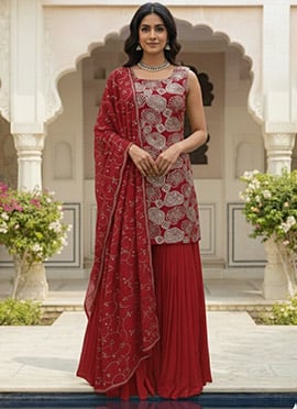 Red Shimmer Silk Sequins Thread Sharara Suit