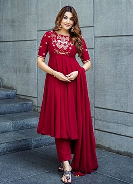 Red Shimmer Silk Zari Embroidered Sequins Anarkali Suit