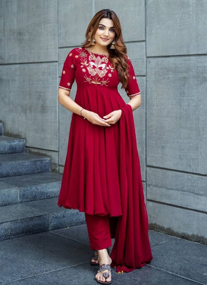 Red Shimmer Silk Zari Embroidered Sequins Anarkali Suit Festive Wear