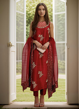Maroonish Red Silk Beads Hand Embroidered Stones Straight Pant Suit