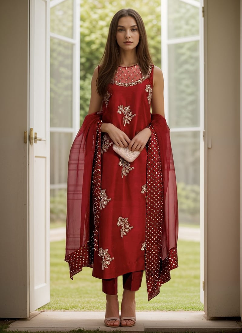 Maroonish Red Silk Beads Hand Embroidered Stones Straight Pant Suit Festive Wear