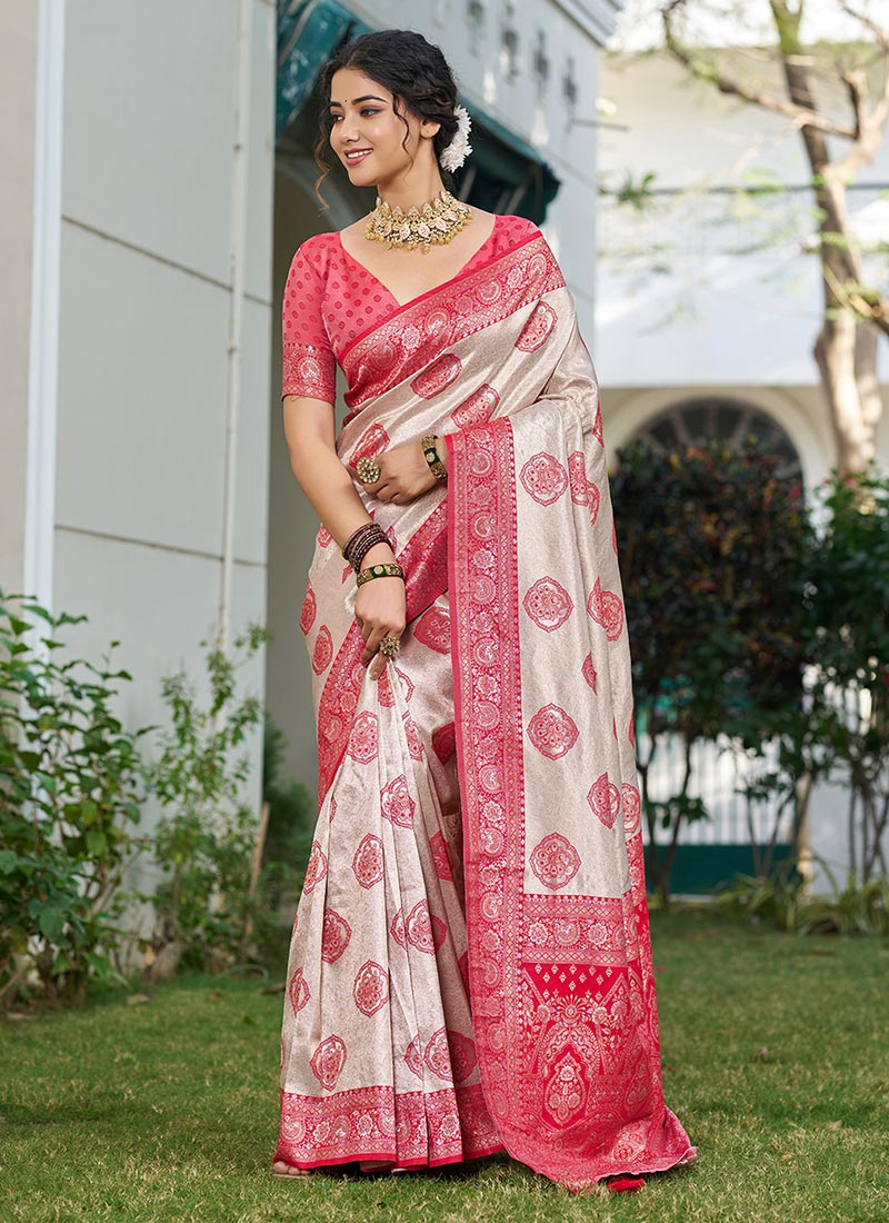 Red Silk Blend Saree With Jacquard Woven Detailing For A Bold Look Festive Wear