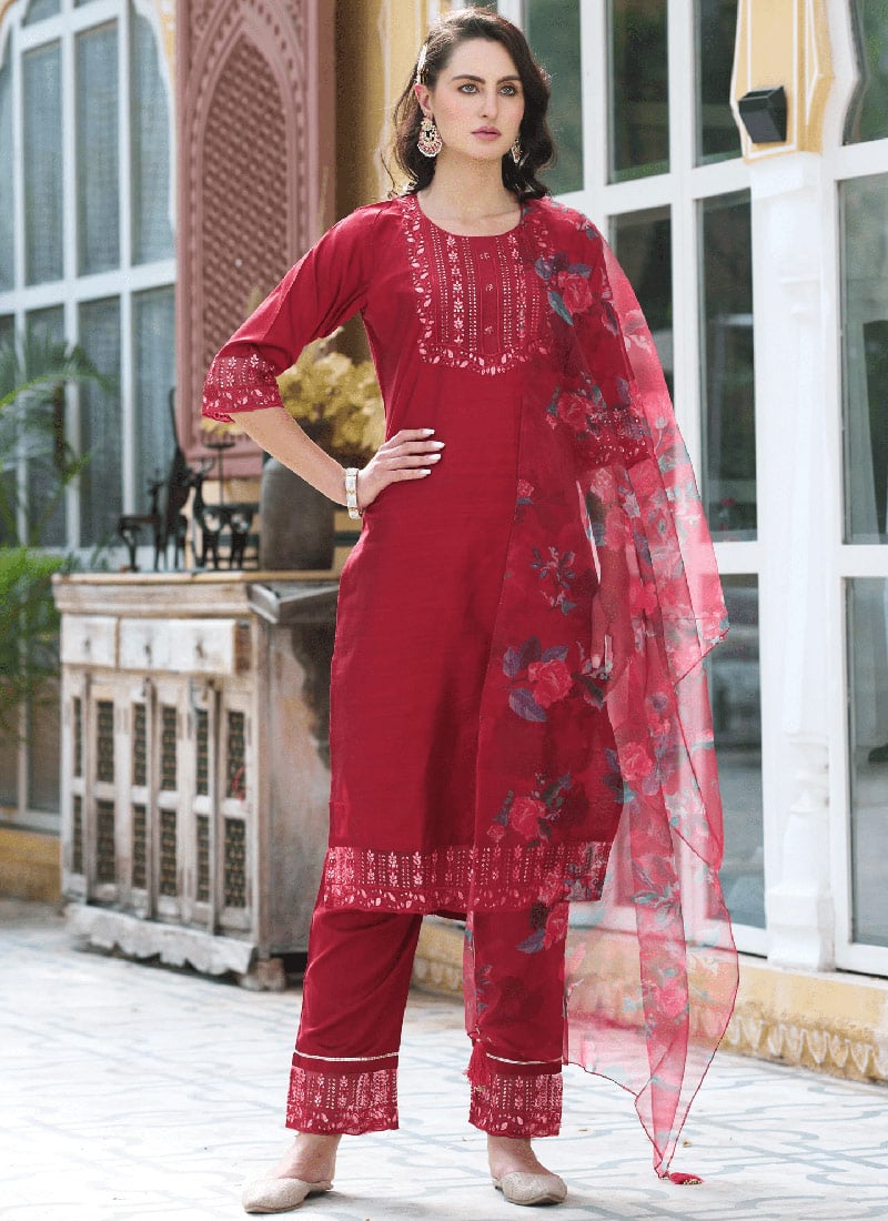 Red Silk Cotton Embroidered Straight Pant Suit After Six Wear