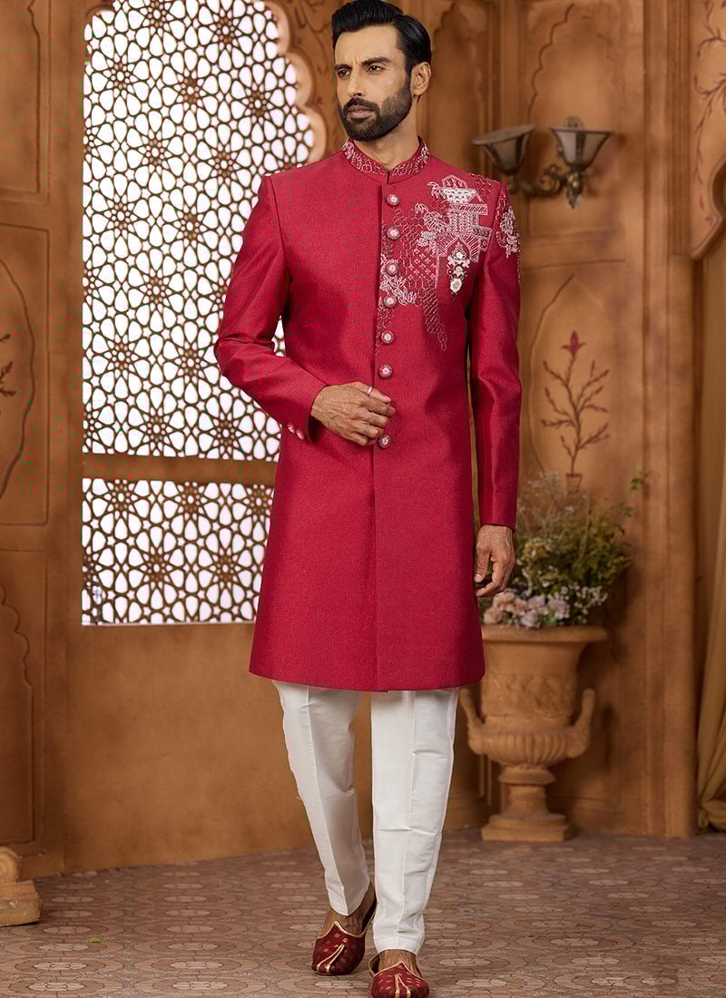 Red Silk Cutdana With Sequins And Beads Work Indowestern Sherwani Wedding Wear