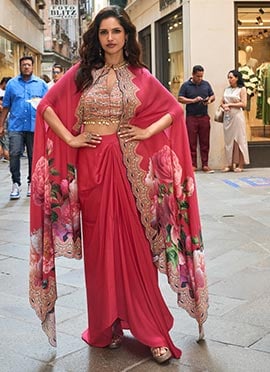 Red Crepe Digital Print Sequins Beads Mirror Work Indowestern Sets and Suits