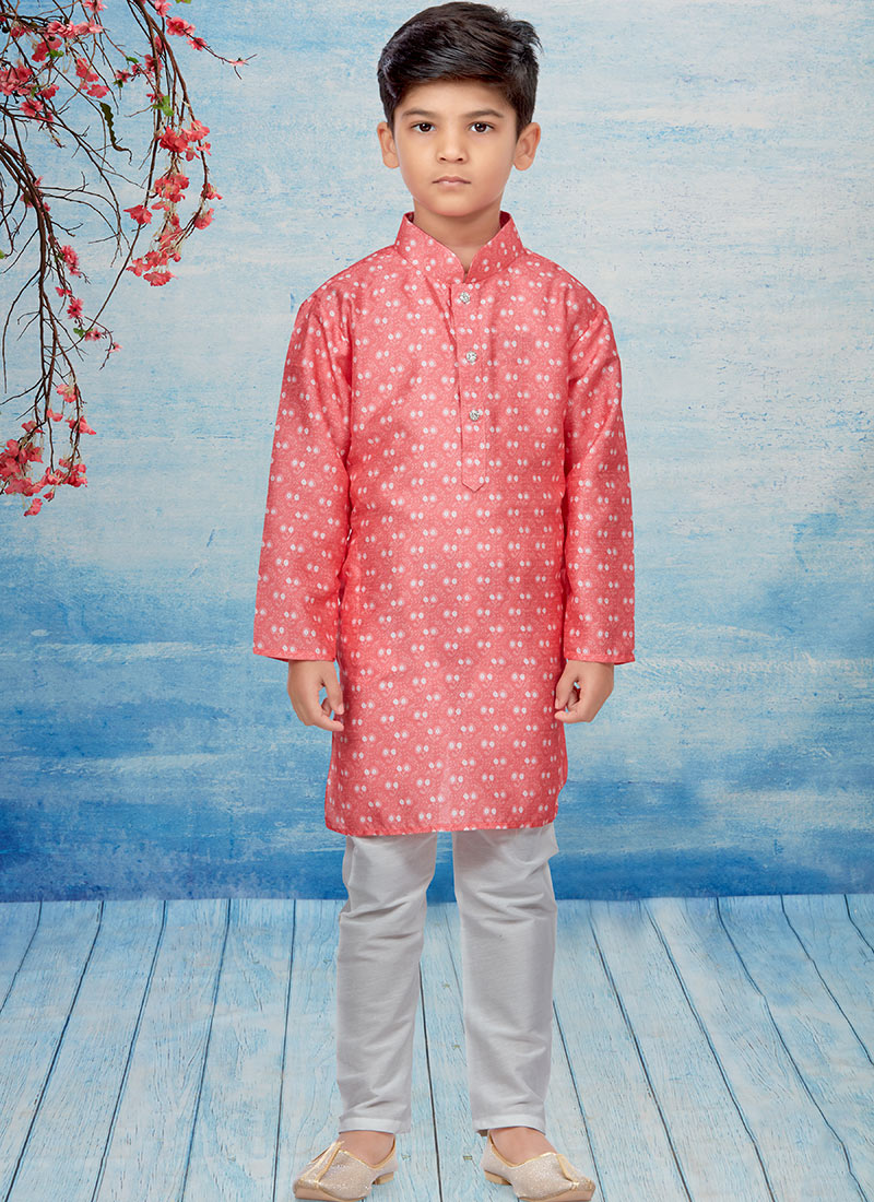 Red Silk Dupion Printed Kids Kurta Pyjama Party Wear