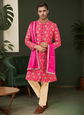 Red Silk Embroidered Classic Sherwani