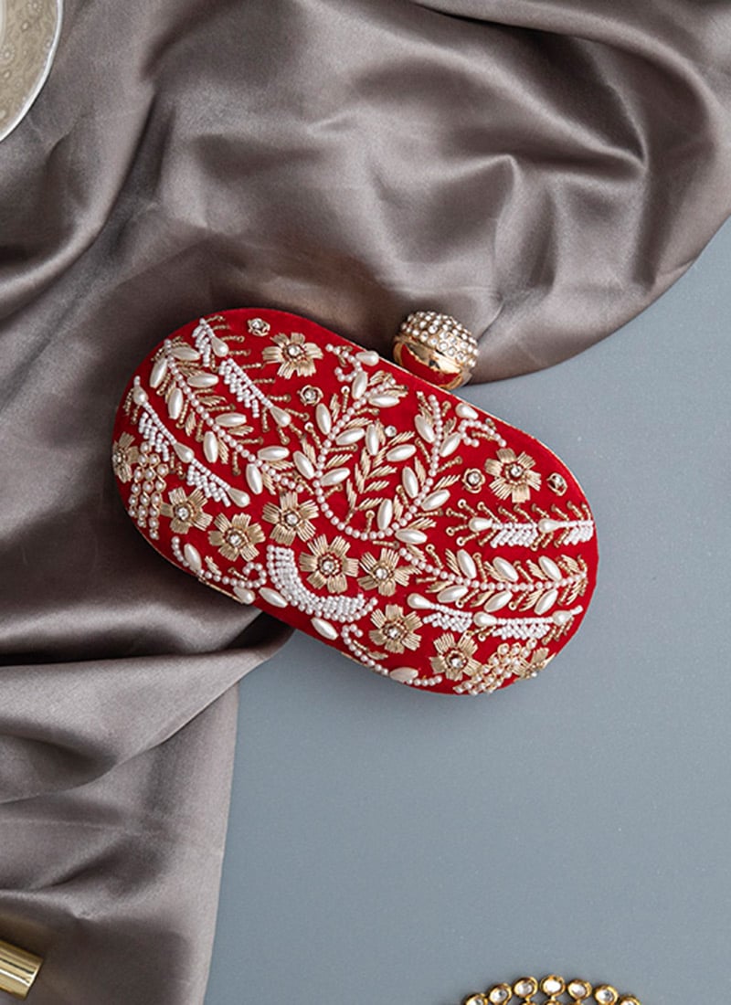 Red Silk Embroidered Clutch Embossed With Moti And Sequins Party Wear