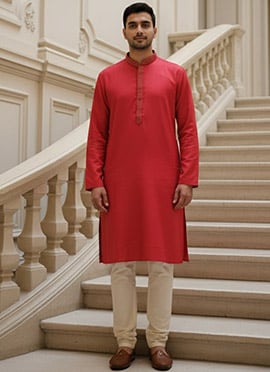 Red Silk Embroidered Kurta Pyjama