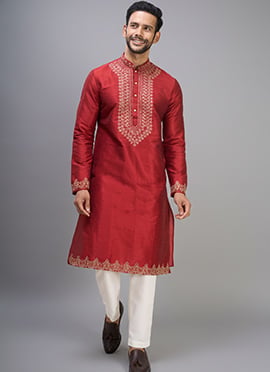 Red Silk Embroidered Kurta Pyjama