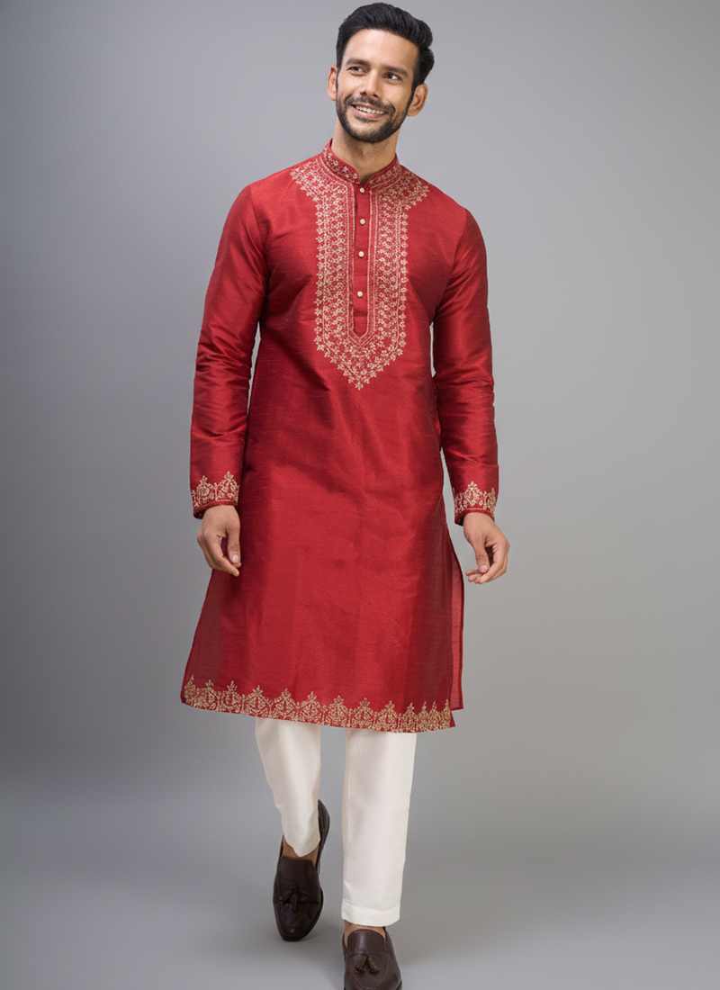 Red Silk Embroidered Kurta Pyjama Festive Wear