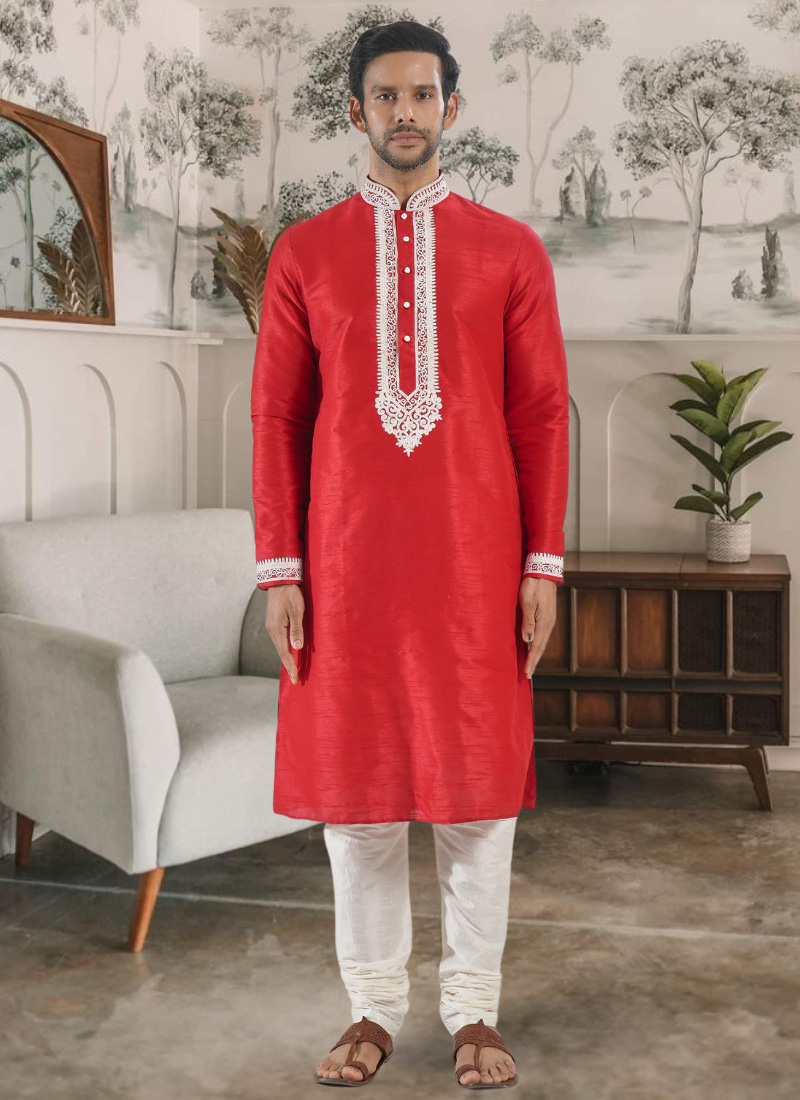 Red Silk Embroidered Kurta Pyjama Festive Wear