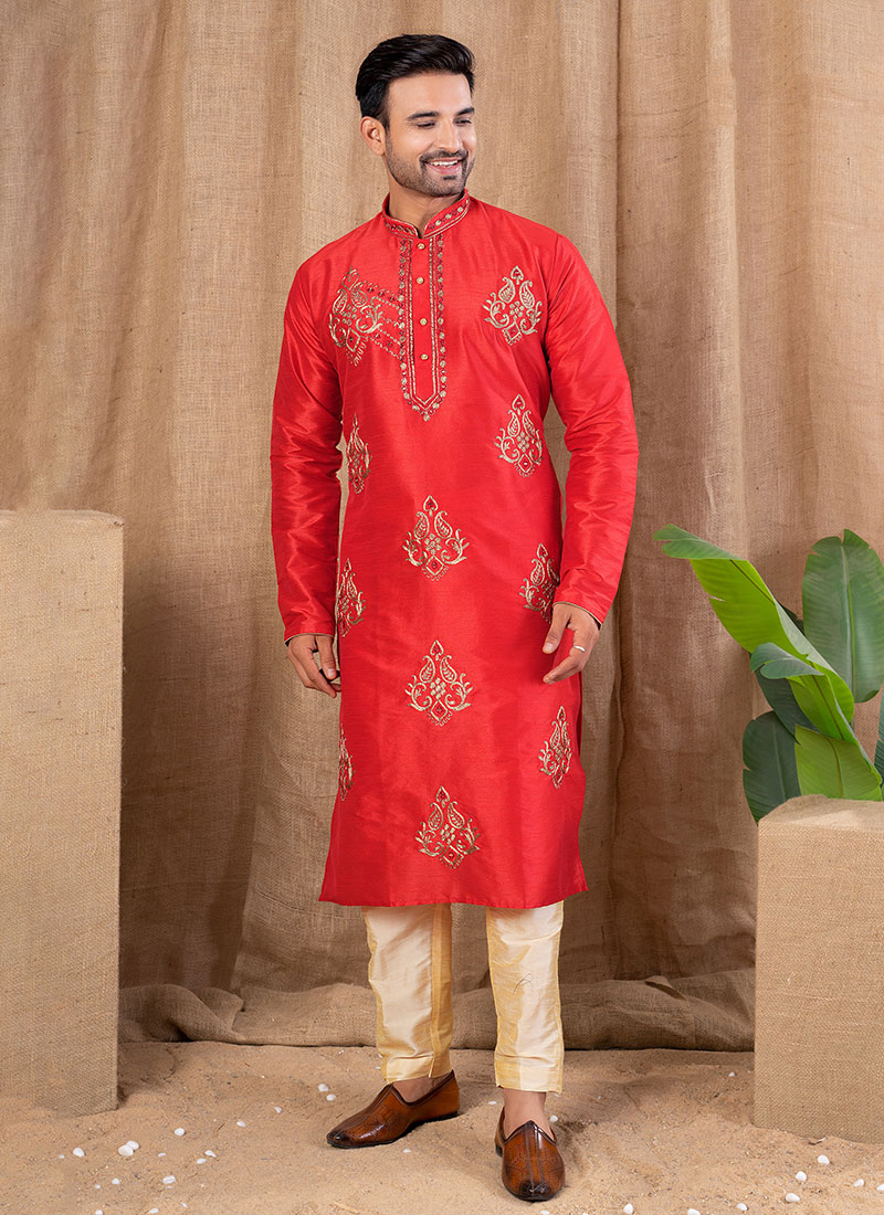 Red Silk Embroidered Kurta Pyjama