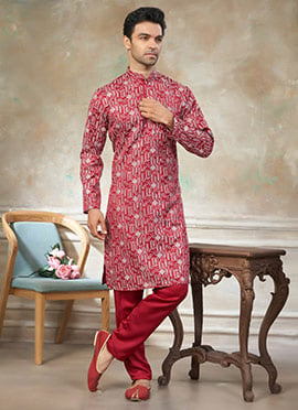 Red Silk Embroidered Kurta Pyjama