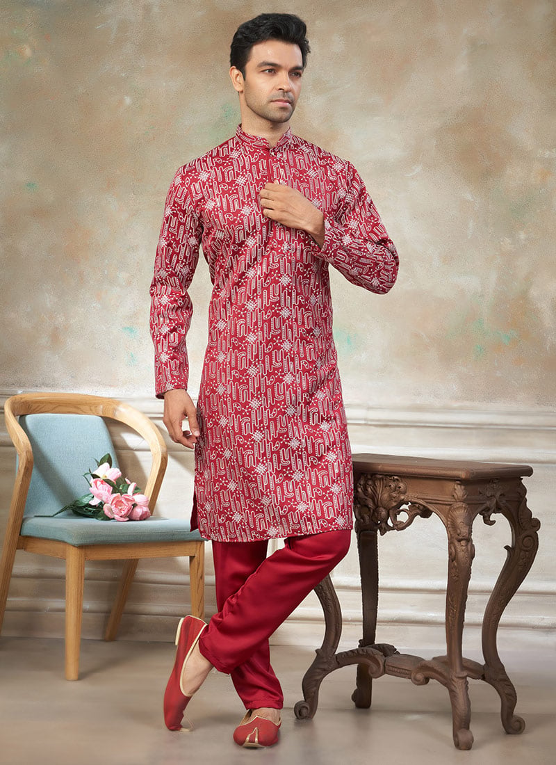 Red Silk Embroidered Kurta Pyjama Festive Wear
