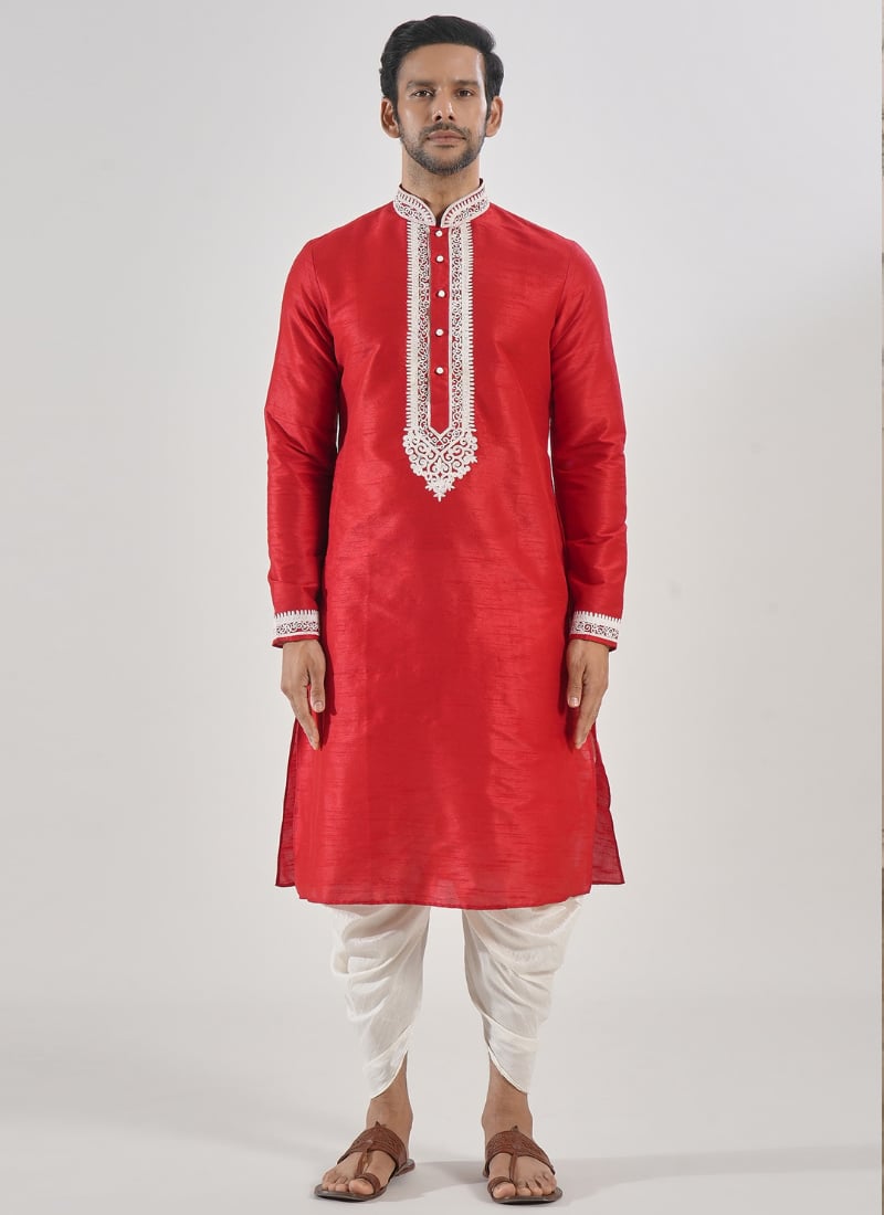 Red Silk Embroidered Kurta With Dhoti Style Pyjama
