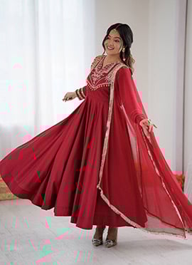 Red Silk Embroidered Sequins Anarkali Suit