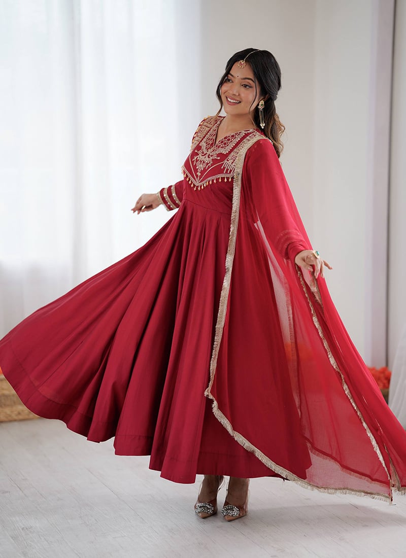 Red Silk Embroidered Sequins Anarkali Suit Festive Wear
