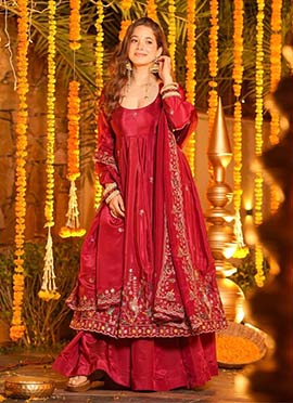Red Silk Embroidered Sequins Anarkali Suit