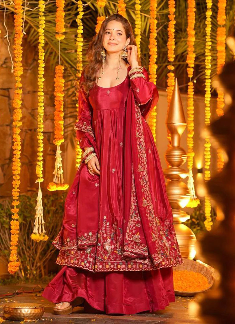 Red Silk Embroidered Sequins Anarkali Suit Festive Wear