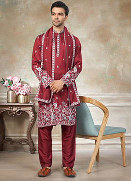 Red Silk Embroidered Sequins Festive Kurta Pyjama With Stole For Men